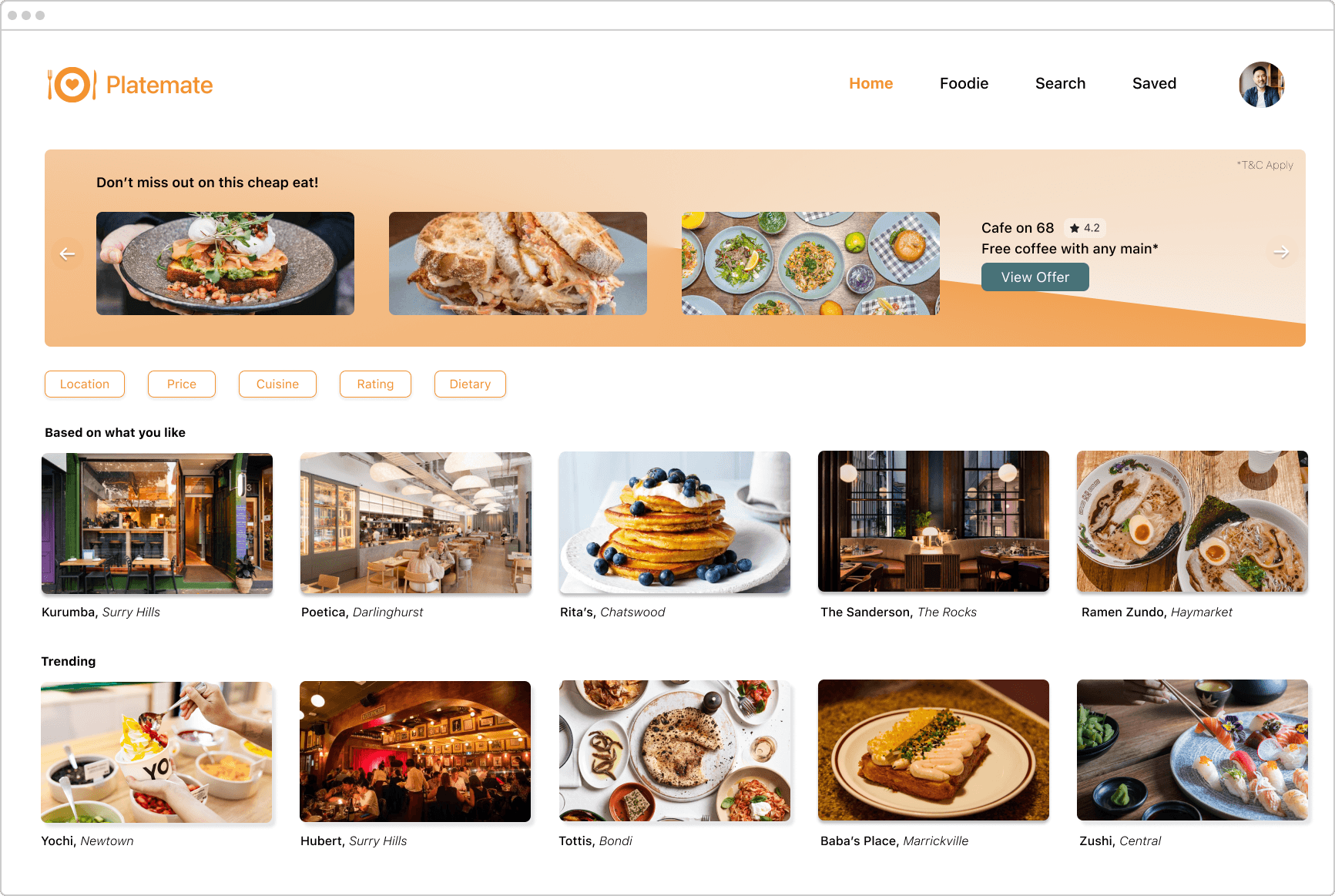Platemate search page with filtering options