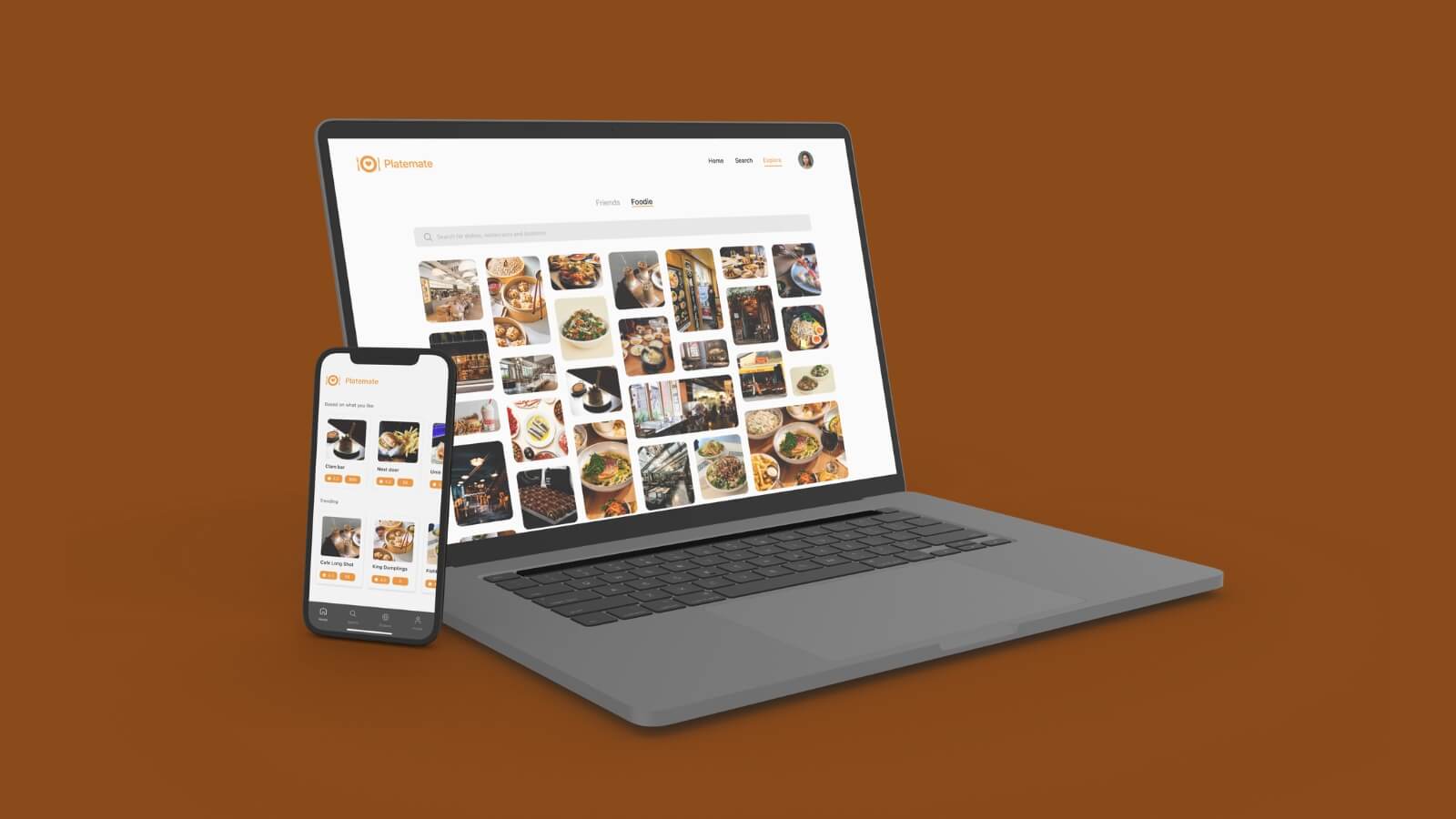 Platemate app interface shown on mobile and desktop devices