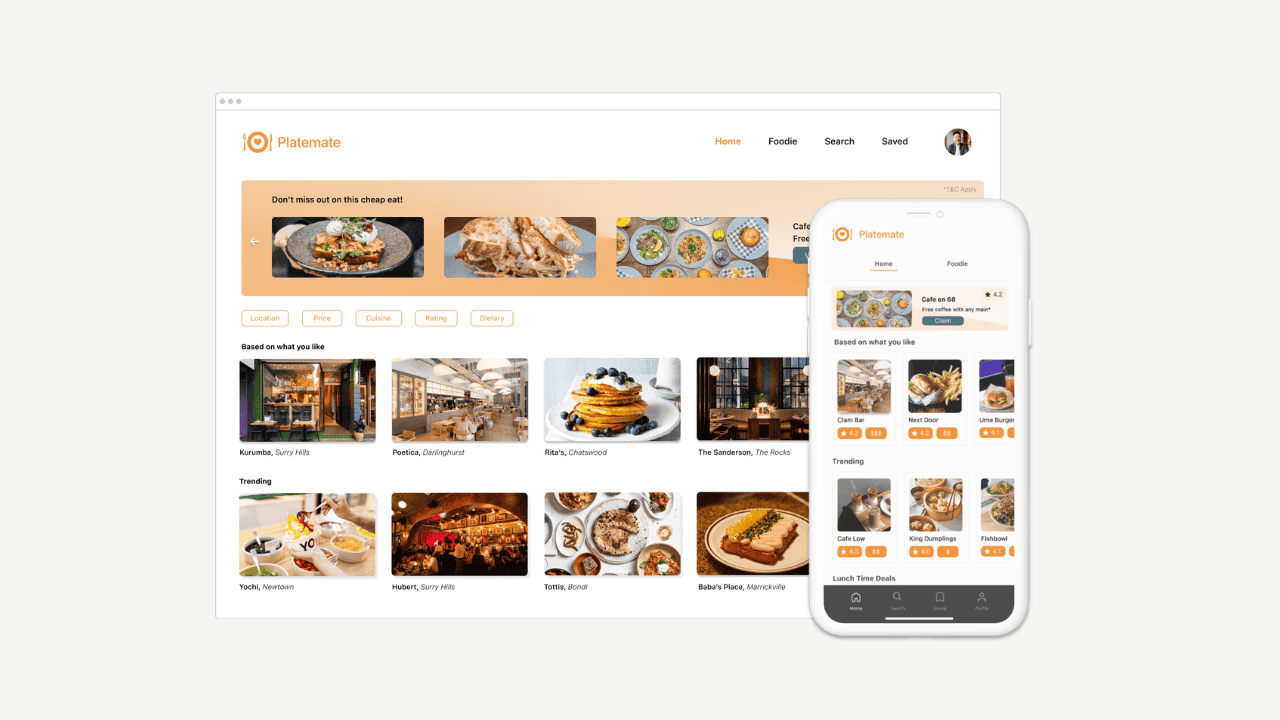 Platemate desktop interface showing the home and search screens
